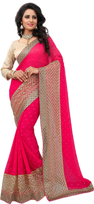 Jiya Self Design, Embroidered, Embellished Fashion Chiffon Saree(Pink)