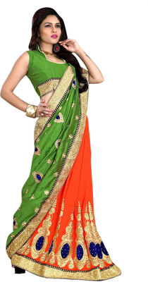 JTInternational Self Design Bollywood Georgette Saree(Green, Orange)