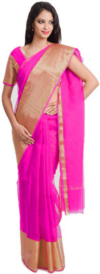 Javuli Self Design Arani Pattu Handloom Silk Cotton Blend Saree(Pink)
