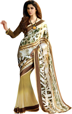 Parisha Printed Fashion Crepe, Chiffon Saree(Brown, Beige), Beige;brown