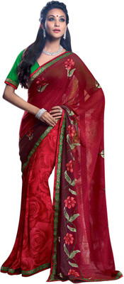 Jiya Self Design, Embroidered, Embellished Fashion Georgette Saree(Maroon, Red, Green), Green;maroon;red