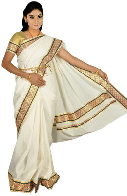 Fashionkiosks Self Design Balarampuram Handloom Cotton Saree(Multicolor), Cream