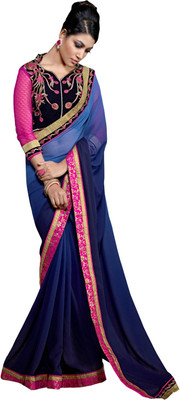 Manthan Embroidered Daily Wear Georgette Saree(Blue), Navy blue
