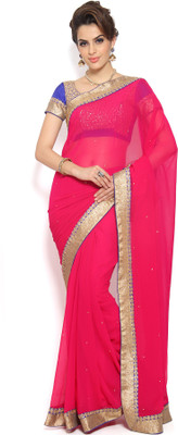 Soch Embroidered Fashion Chiffon Saree(Pink), Dark pink