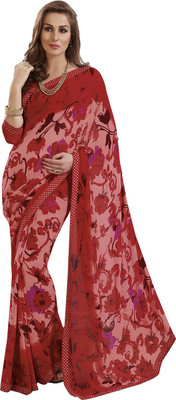 Ishin Printed Fashion Synthetic Georgette Saree(Red), Red & pink