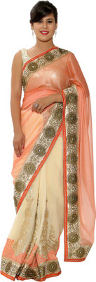 Ellegent Solid Fashion Georgette Saree(Orange, Beige), Beige;orange
