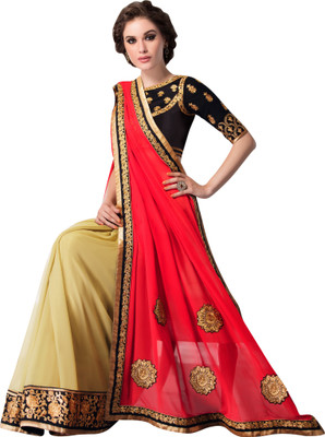 Brijraj Embroidered Fashion Chiffon Saree(Beige, Pink)