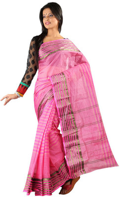 Hawai Striped Tant Handloom Cotton Saree(Pink)