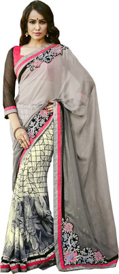 Lovelylook Embroidered Daily Wear Georgette Saree(Grey, White), Grey & cream