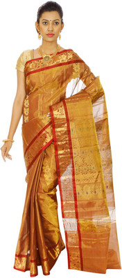 Mahaveersilkcreations Woven Kanjivaram Handloom Tissue Saree(Maroon), Bright maroon