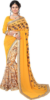 Saara Embroidered Fashion Georgette Saree(Yellow), Yellow and cream