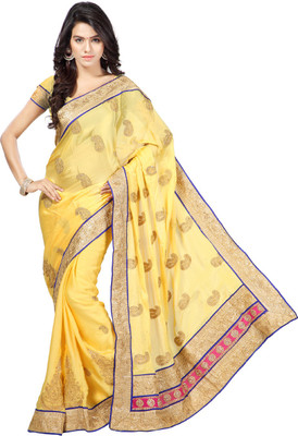 Desi Butik Embroidered Fashion Satin Saree(Yellow)