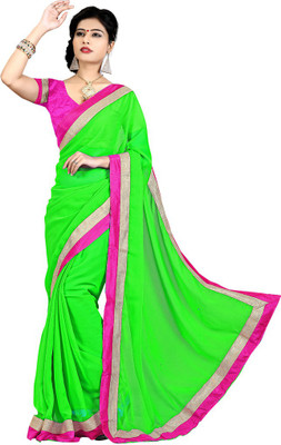 Indian Wear Online Plain Fashion Chiffon Saree(Green)