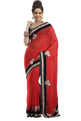 Chirag Sarees Self Design Fashion Georgette Saree(Red, Black)