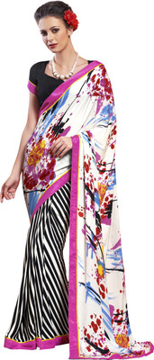 Manthan Printed Daily Wear Silk, Crepe Saree(Black, White)