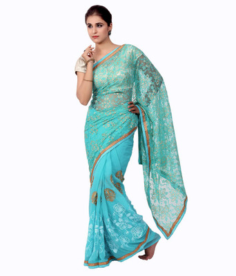 Ellegent Embroidered Fashion Georgette Saree(Light Blue)