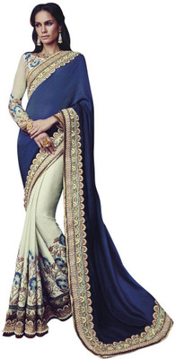 Saara Floral Print Fashion Georgette Saree(Blue, White), Blue & off-white