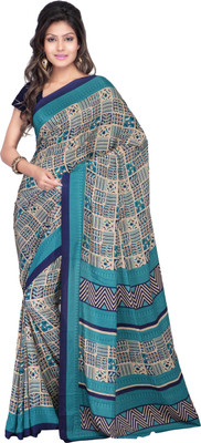 Goodfeel Geometric Print Fashion Art Silk Saree(Multicolor), Blue;cream