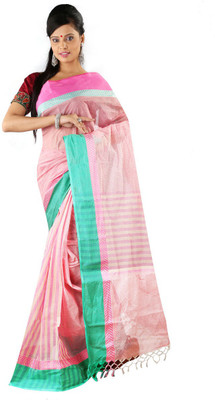 Hawai Striped Tant Handloom Cotton Saree(Pink)