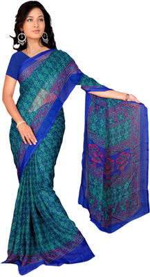 Jiya Self Design, Printed Fashion Chiffon Saree(Green, Dark Blue), Dark blue;green