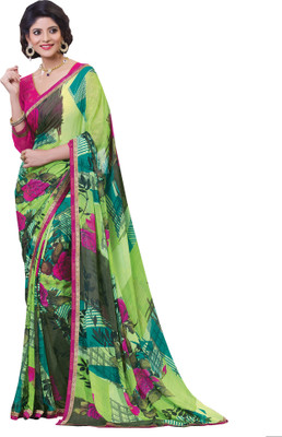 Parisha Printed Fashion Georgette Saree(Green, Pink)