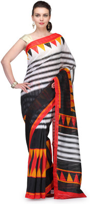 Cenizas Printed Bhagalpuri Silk Cotton Blend Saree(Black)