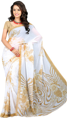 Jiya Self Design, Printed Fashion Chiffon Saree(White, Beige), Beige;white