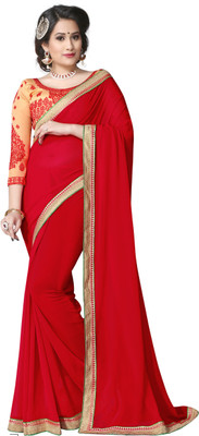 Indianbeauty Solid, Embroidered Bollywood Chiffon Saree(Red)