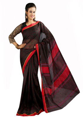 Hawai Striped Fashion Handloom Cotton Saree(Black)