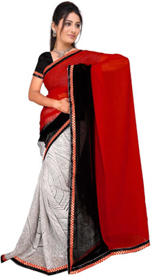 Khoobee Self Design, Printed Fashion Georgette Saree(White, Black, Red), Black;red;white