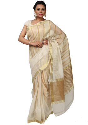 Kataan Bazaar Woven Banarasi Handloom Cotton Saree(Beige)