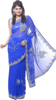 Aarti Saree Embroidered Fashion Georgette Saree(Blue), Royal blue