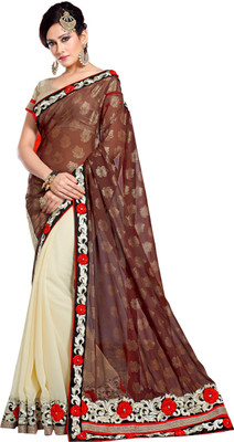 Brijraj Embellished Fashion Georgette Saree(Brown, White)