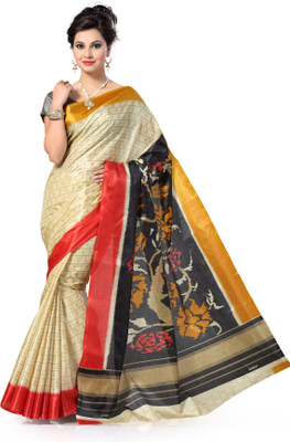 Ishin Printed Fashion Art Silk Saree(Beige), Multicolor
