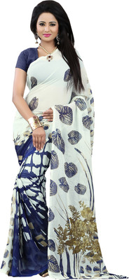 Manthan Printed Daily Wear Polyester Saree(White, Blue), Off white & blue