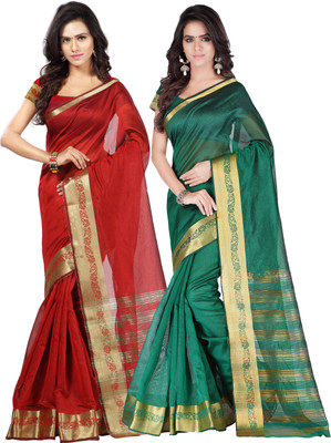 Weavedeal Solid Banarasi Chanderi Saree(Pack of 2, Multicolor)