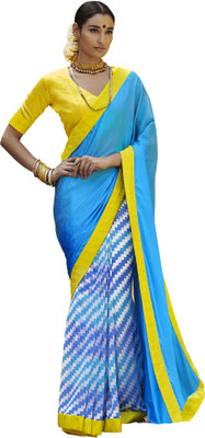 Jiya Self Design, Printed Fashion Georgette, Crepe Saree(Blue, Yellow)