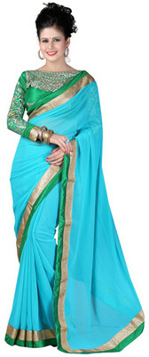 Monika Silk Mill Plain Daily Wear Georgette Saree(Blue)