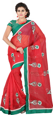 Weavedeal Embellished, Embroidered Bollywood Cotton, Net Saree(Red)