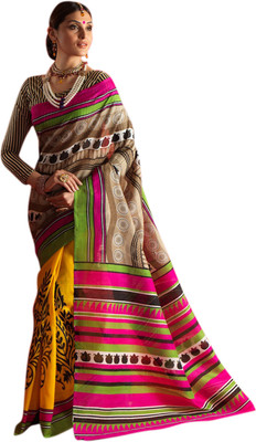 Khushali Self Design, Printed Fashion Art Silk Saree(Yellow)
