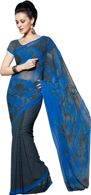 Lovely Look Printed Daily Wear Crepe Saree(Grey, Blue)