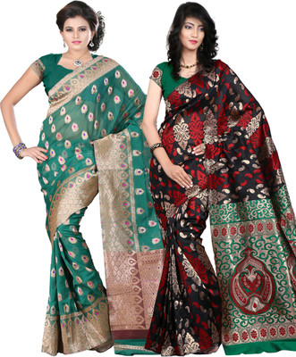 It's Banii Woven Banarasi Handloom Banarasi Silk Saree(Pack of 2, Green, Black), Black;green