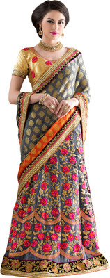 Khoobee Self Design, Embroidered Fashion Net Saree(Grey, Beige), Beige;grey