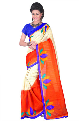 Weavedeal Printed Bhagalpuri Cotton Saree(Beige, Orange)