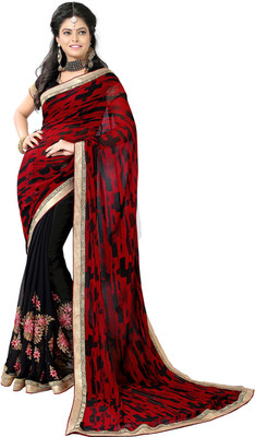 Parisha Embroidered Daily Wear Georgette Saree(Pack of 2, Black, Red)