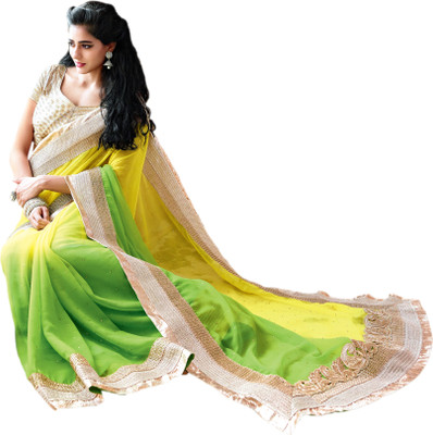 Vishal Solid, Printed Fashion Chiffon Saree(Yellow, Green), Pink;green