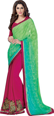 Helixenterprise Embroidered Fashion Handloom Georgette Saree(Green), Green:pink