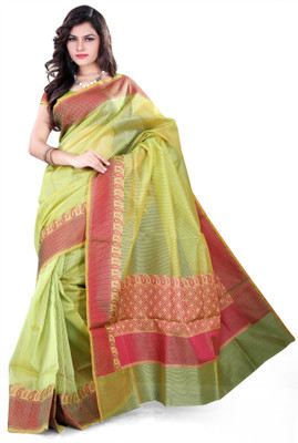 Asavari Self Design Banarasi Cotton Saree(Light Green), Mehdi leaf green