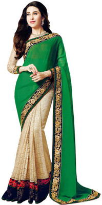 Desi Butik Embroidered Fashion Georgette, Net Saree(Green, Beige), Green and beige