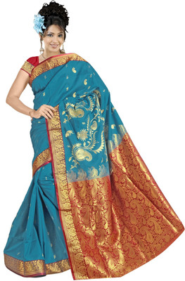 JagannathSaree Self Design Coimbatore Silk Saree(Blue, Red)